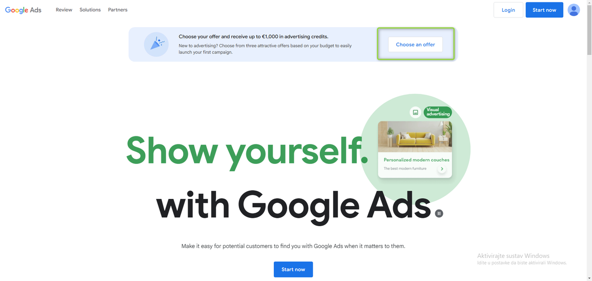 Početna stranica Google Ads — gumb Choose an offer istaknuto zelenim okvirom
