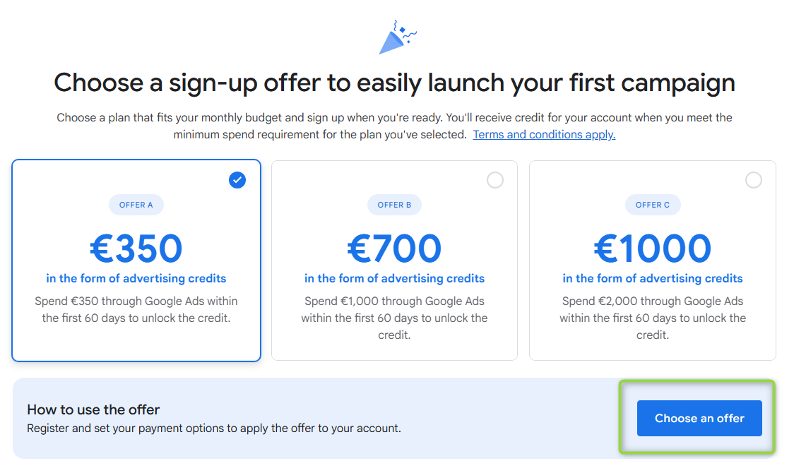 Odabir promotivne ponude — Ponuda A (350€), Ponuda B (700€), Ponuda C (1000€)