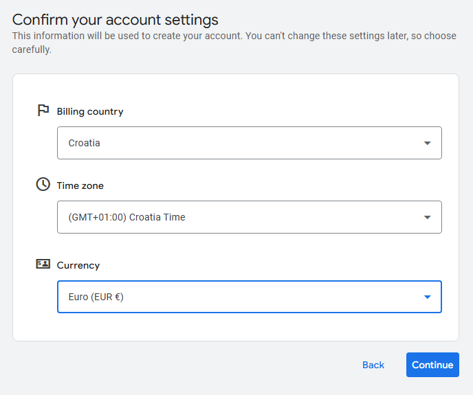 Potvrda postavki računa — Billing country Croatia, Croatia Time, Euro EUR