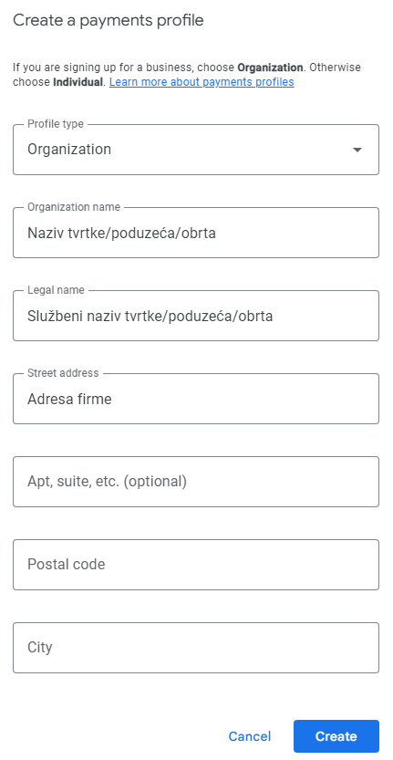 Obrazac za kreiranje payments profila — Profile type Organization, podaci tvrtke