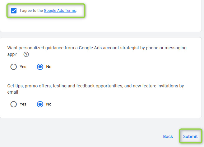 Prihvat Google Ads uvjeta — kvačica I agree to the Google Ads Terms, gumb Submit istaknuto zelenim okvirom